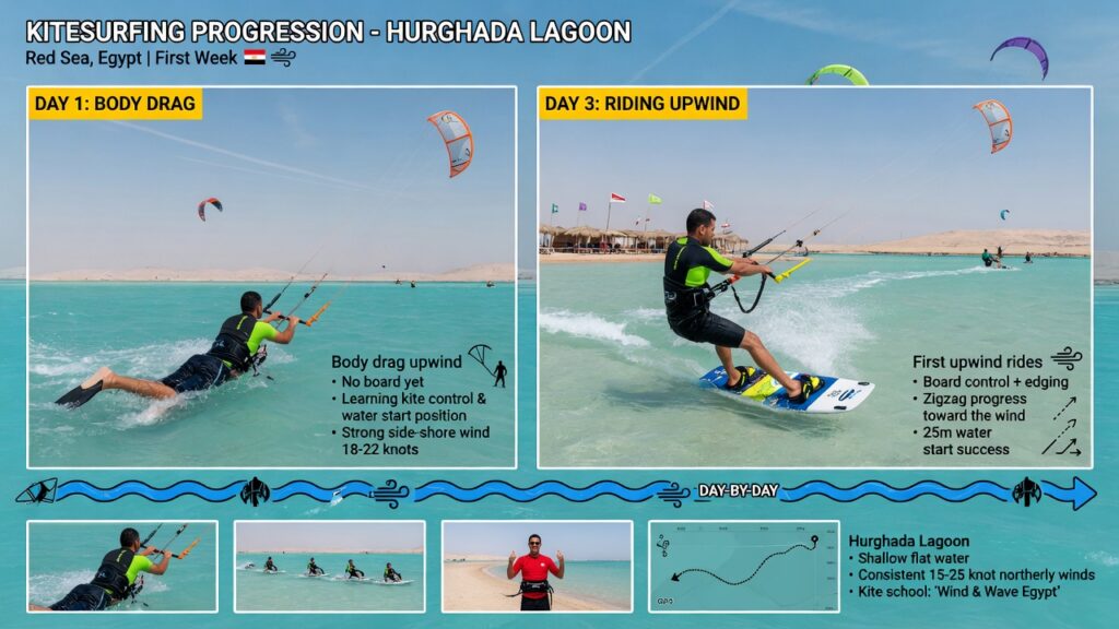 Kitesurfing lesson progression over several days in Hurghada