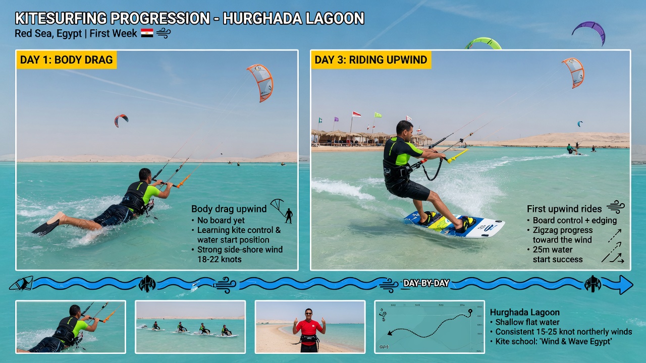 Kitesurfing lesson progression over several days in Hurghada
