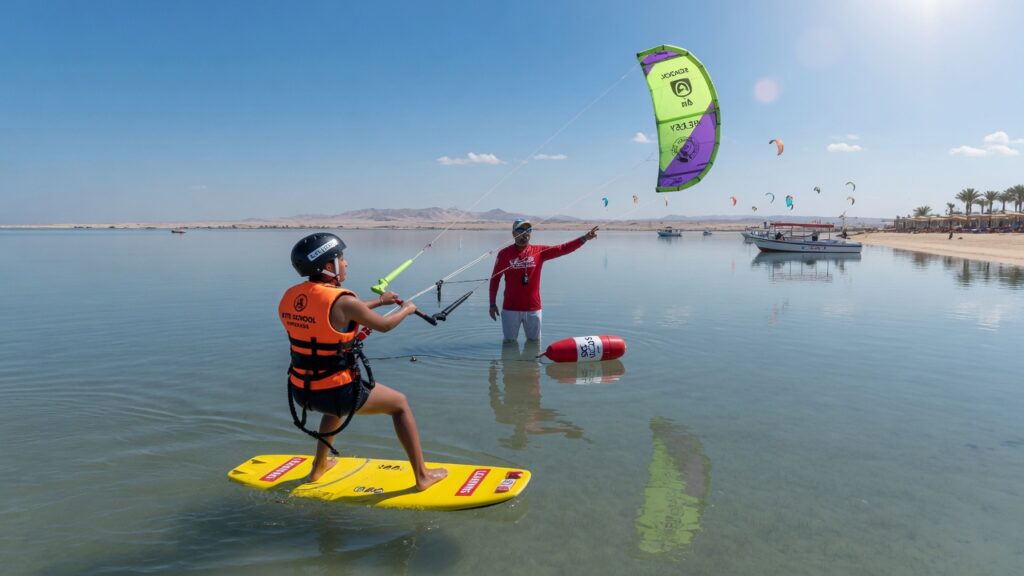 Kitesurfing lessons on a flat lagoon in Hurghada with Sultan Kite School instructors