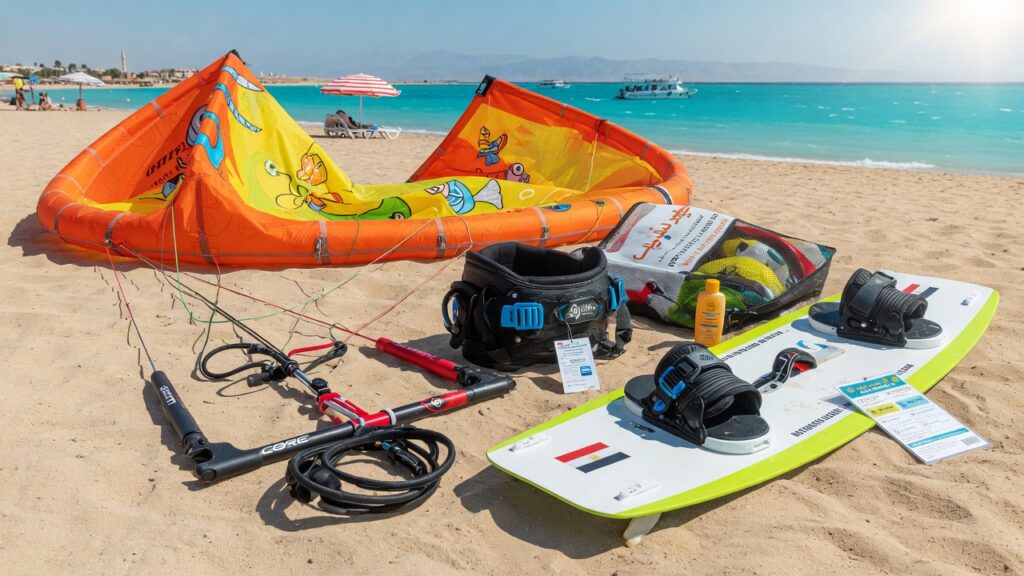 Beginner kitesurfing gear laid out: kite, bar, board and harness