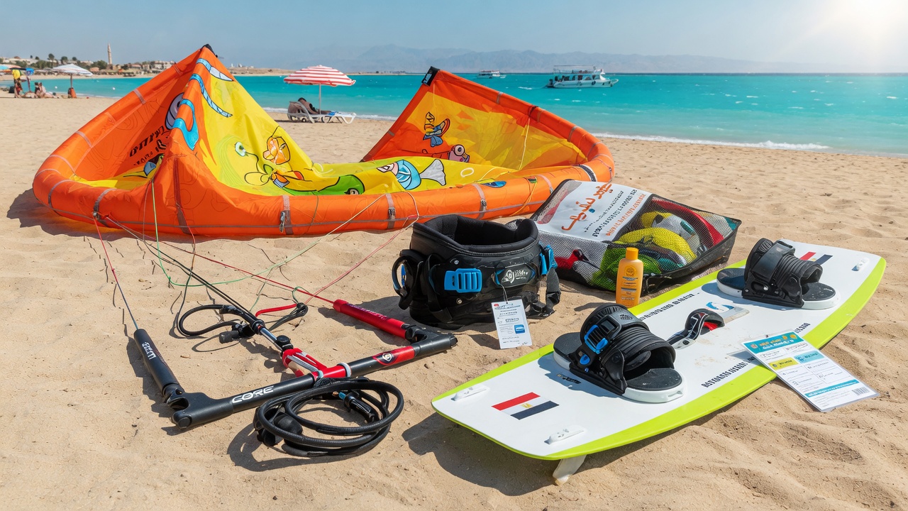 Beginner kitesurfing gear laid out: kite, bar, board and harness